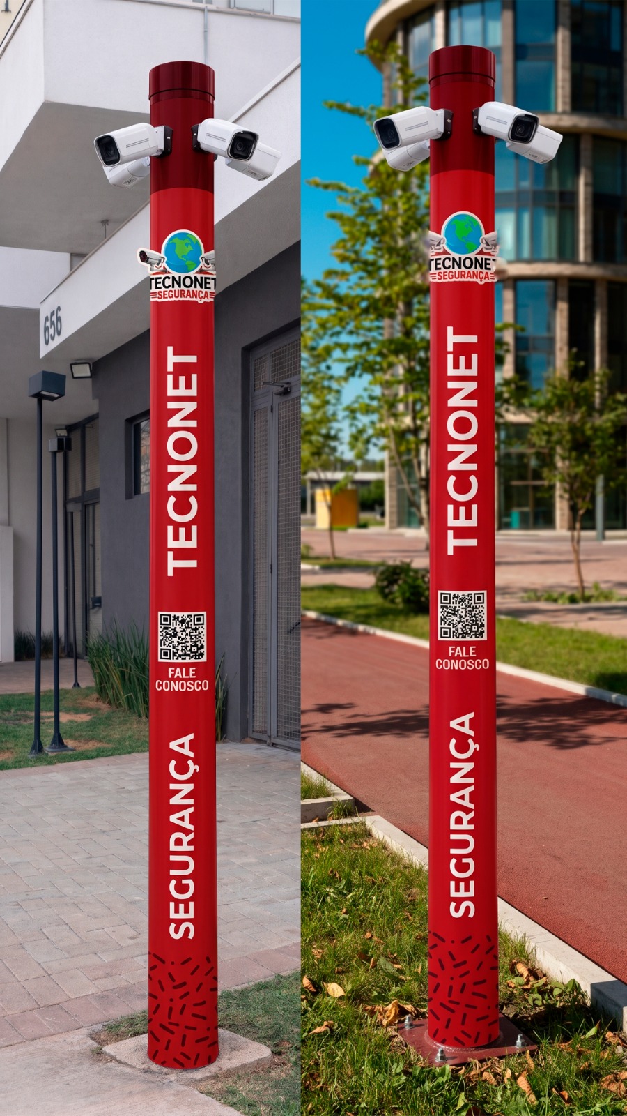 Totem de segurança Tecnonet com câmeras e QR code Fale conosco